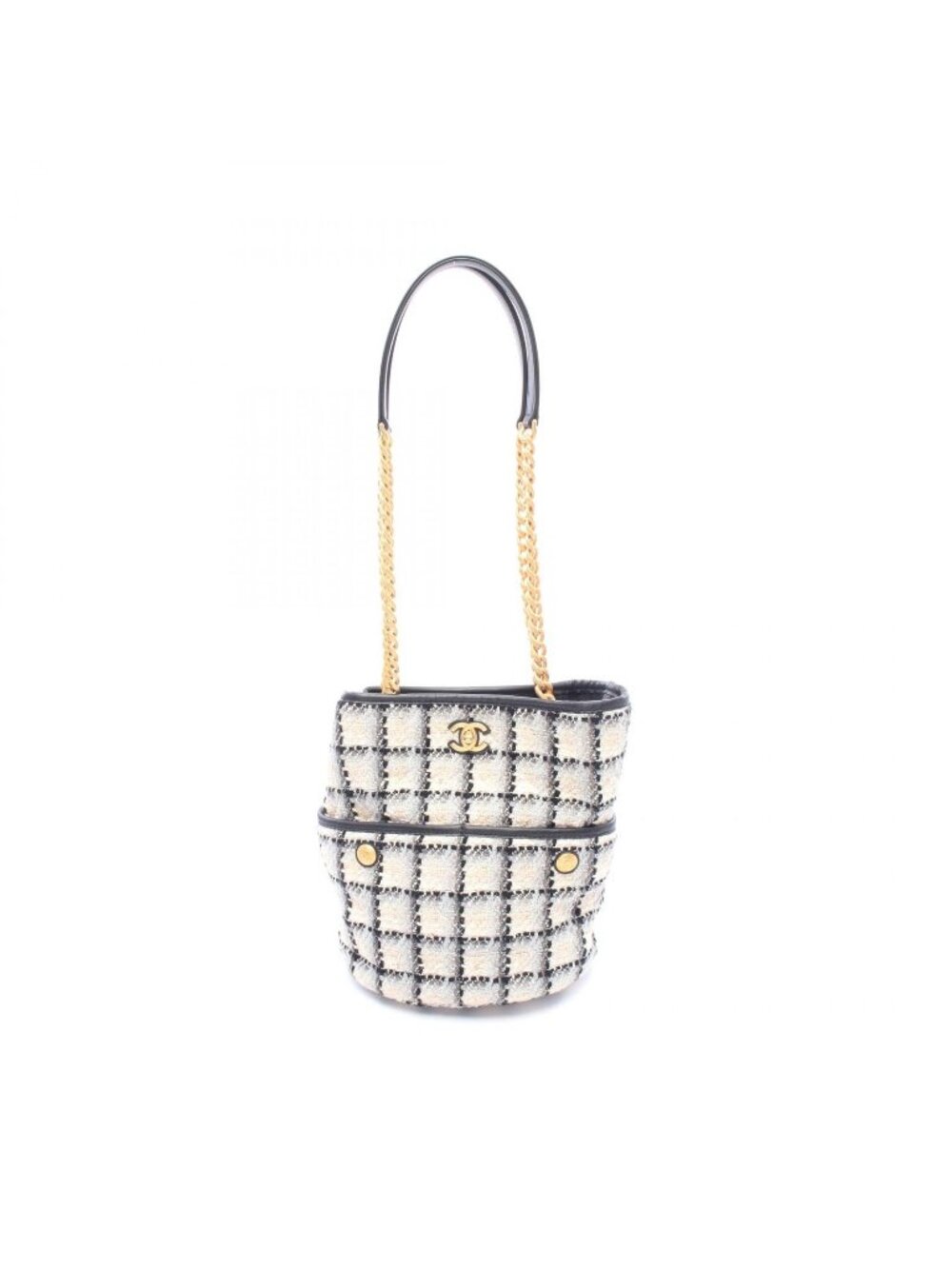 Chanel Shoulder Bag CC Logo Black Gray Fabric Leather